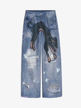 Retro Dachshund 3D Print Washed Distressed Jeans - Blue / XL