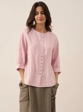 100% Linen Button-Front Drop Shoulder Shirt EASTER - Rosa / XXL