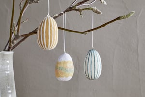 nkuku Terra Hand Painted Recycled Cotton Paper Hanging Egg Set Of 3 | Decorative Accessories | Teal/Cream/Ochre