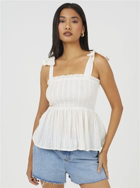 Brave Soul Ruched Peplum Sleeveless Top - Off White - XS