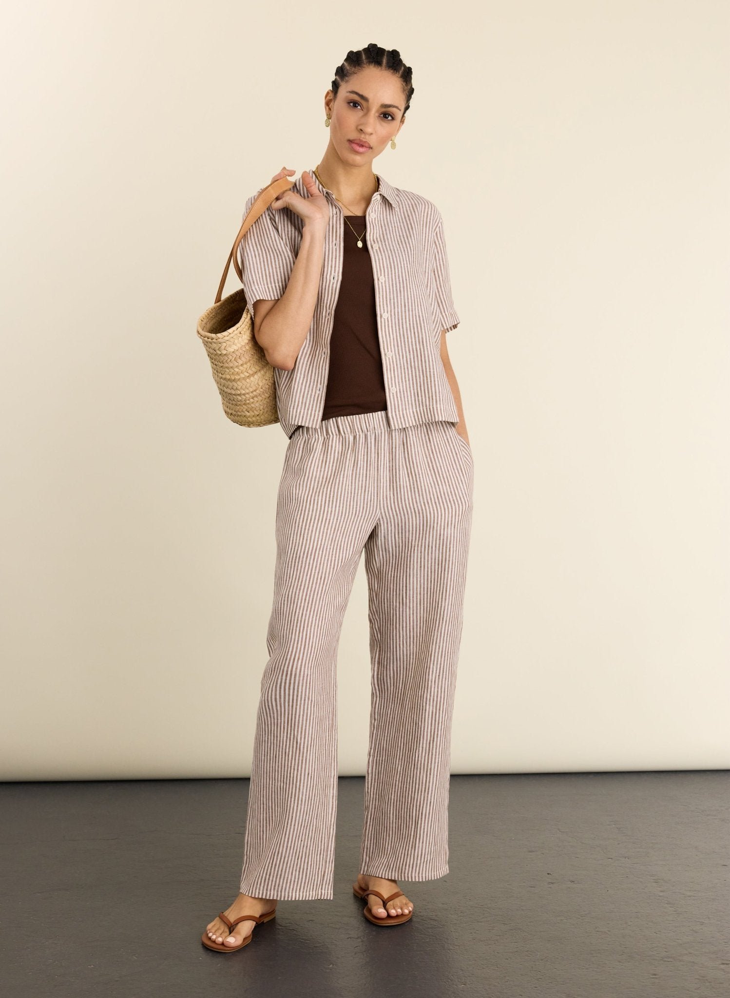 Petite Doretta Linen Trousers - UK 18 | EU 46 | US 14 / Chocolate Stripe