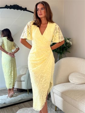 Girl In Mind Natasha Angel Sleeve Wrap Midi Dress - Yellow Lace - 8