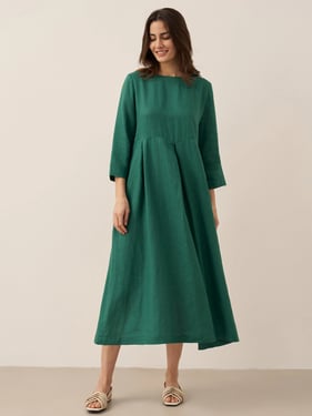 100% Linen Bateau Neck Pleated Maxi Dress ABIGAIL - Verdant Green / XXL