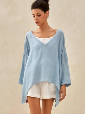 100% Linen Delicate Deep V-Neck Over Top KAIA - Ice Blue / XXL