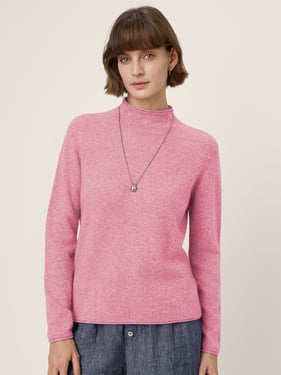 Premium Cashmere Blend Hand-Finished Seamless Mock Neck Lettuce Edge Sweater ZELIE - Pastel Pink / XXL