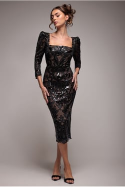 Goddiva Square Neck Scalloped Embroidered Sequin Midi Dress - Black
