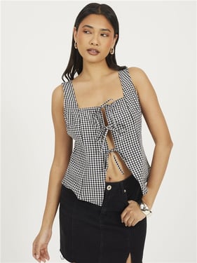 Brave Soul Check Tie Top - Black White - XS