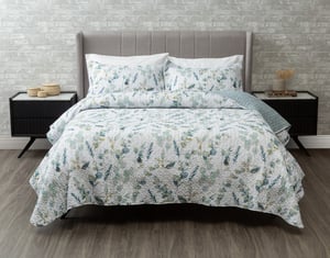 QE Home Ariel Recycled Polyester Coverlet Set, Botanical, White, King