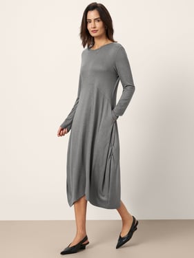 Wool Cocoon Curved Waist Midi Dress FARRAH - Charcoal Grey / XXL