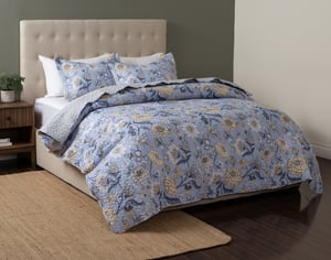 QE Home Victoria Recycled Polyester Coverlet Set, Floral, Blue, Queen