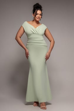 Goddiva Plus Bardot Pleated Maxi Dress - Sage Green