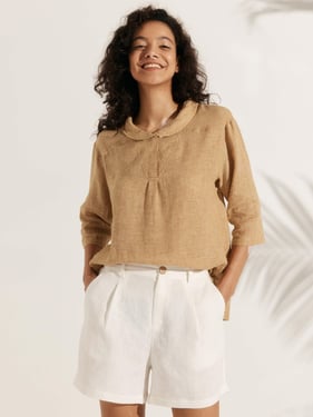 100% Linen Shawl V-Neck Half Sleeve Top JADE - Sand / L