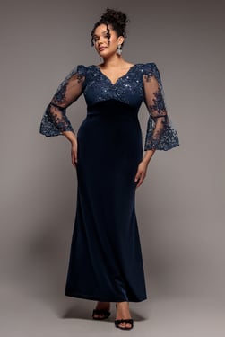 Goddiva Plus Scalloped Lace & Velvet Maxi Dress - Navy
