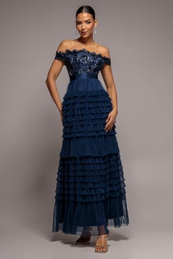 Goddiva Scallop Bardot Ruffle Mesh Maxi - Navy