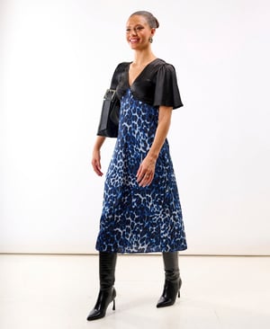 Blue Leopard Printed Satin Midi Dress - 18