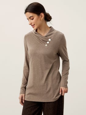 Cashmere Asymmetric Cowl Neck Stretch Top TATIANA - Khaki / XXL