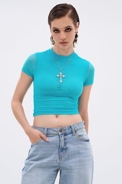 AKIRA Paxton Double Lined Mesh Short Sleeve T-Shirt In Turquoise | Size Medium