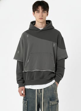 Distressed Patchwork Raw-Edge Layered-Hem Fleece Hoodie - Gray / XL