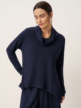 Cotton Draped Neck A-Line Long Sleeve Top KAY - Navy Blue / XXL