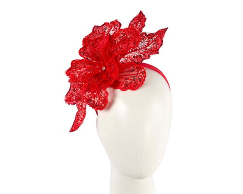 Shiny red lace fascinator by Fillies Collection