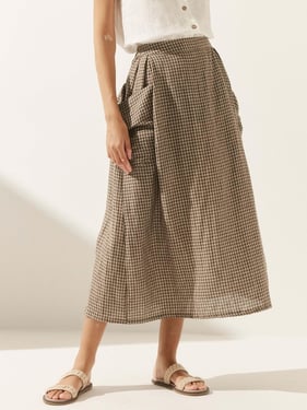 Linen Checked Elastic Waist Skirt ONYX - Chocolate / XXL