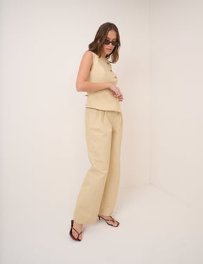 Beige Barrel Leg Tie Trousers