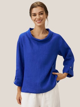 100% Linen Draped Neck Top HOLLIS - Royal Blue / XXL