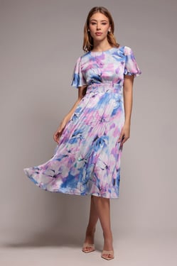 Goddiva Flutter Sleeve Pleated Skirt Floral Midi Dress - Blue
