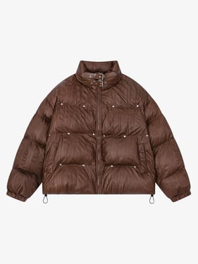 Retro Buckled High-Neck Crinkle Puffer Jacket - Brown / XL