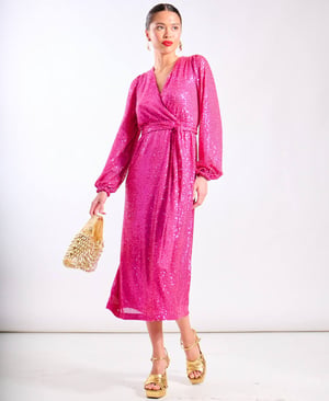 Pink Sequin Wrap Midi Dress - 20