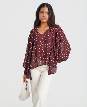 Burgundy Polka Dot Tie Neck Blouse - 18