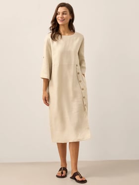 100% Linen Round Neck Button Detail Midi Dress JELENA - Khaki / XXL