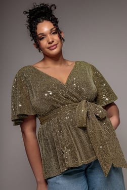 Goddiva Plus Lurex Flutter Sleeve Wrap Top - Gold