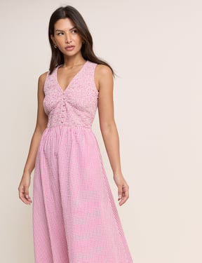 Pink Gingham Sleeveless Eliza Midi Dress