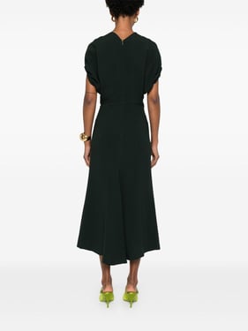 Edith green stretch viscose blend midi dress with gathered blouson sleeves.