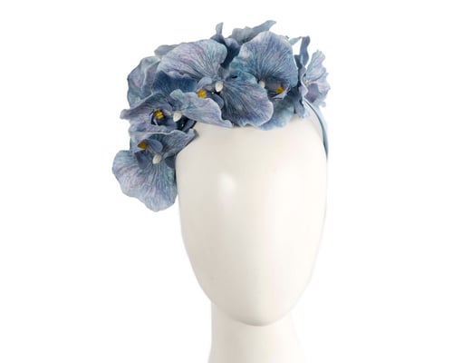 Bespoke denim blue orchid flower headband by Fillies Collection