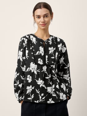 100% Linen Floral Printed Gathered Pullover Top AMIYA - Ink Magnolia / XXL