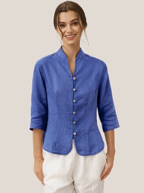 100% Linen Hand Button Fitted Jacket AMELIA - Royal Blue / XXL