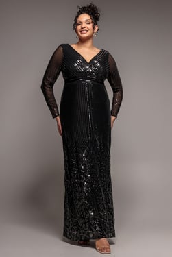 Goddiva Plus Long Sleeve Sequin V Wrap Maxi Dress - Black