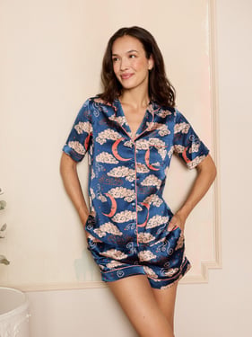 Womens Satin Shortie Pyjamas Navy Moon and Clouds - 3XL / 22-24 / Navy
