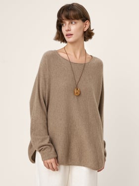 100% Mongolian Cashmere Hand-Finished Rolled Edge Knit Top AMARA - Cocoa Brown / L