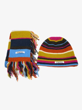 Retro Multicolor Striped Knit Beanie Scarf Set - Blue / ONE SIZE