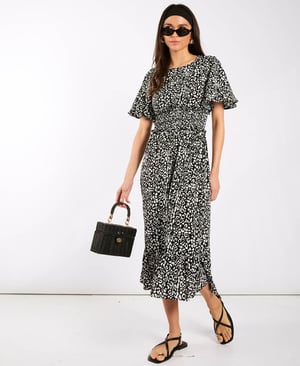 Black Animal Smock Waisted Midi Dress - 18