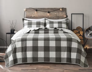 QE Home Wellington Pine Gingham Cotton Quilt Set, Geometric, Grey, Queen