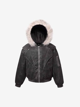 Washed Patchwork Contrast Bomber Jacket - Black / XL