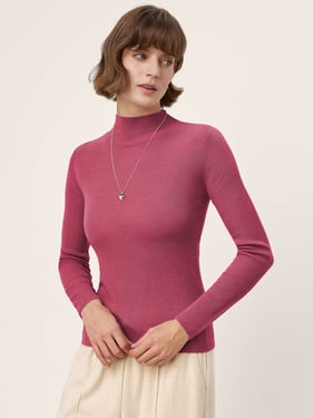 100% Extra-Fine Merino Wool Mock Neck Knit Sweater TIA - Berry Pink / L
