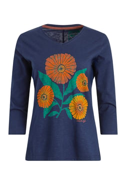 Weird Fish Flower Power Organic Cotton 3/4 Sleeve Graphic T-Shirt Navy Size 20