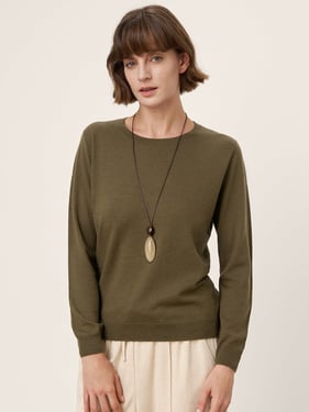 100% Extra-Fine Merino Wool Essential Crew Neck Knit Sweater BRIDGET - Army Green / XXL