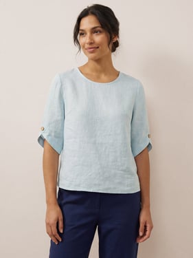 100% Linen Elbow Sleeve Pullover Top NOLA - Silence Blue / XXL
