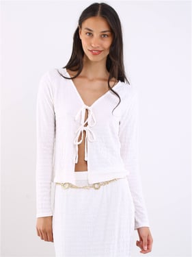 Brave Soul Textured Tie Front Top - White - XS